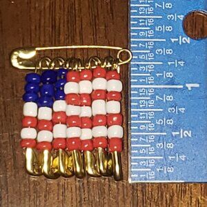 American Flag Pin - Red, White, & Blue Beads, Gold Safety Pins